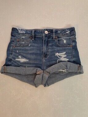 BNWOT American Eagle Super Stretch Distressed Rolled-Cuff Denim Shorts Sz 4